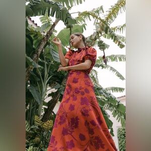 ML Monique Lhuillier Floral Red Purple Short Puff-Sleeve Midi Dress Sz 4